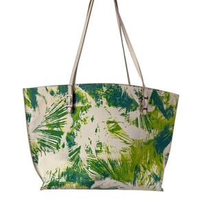 Calvin Klein Tote Green White Tropical Leaves Shoulder Bag Zipper Closure